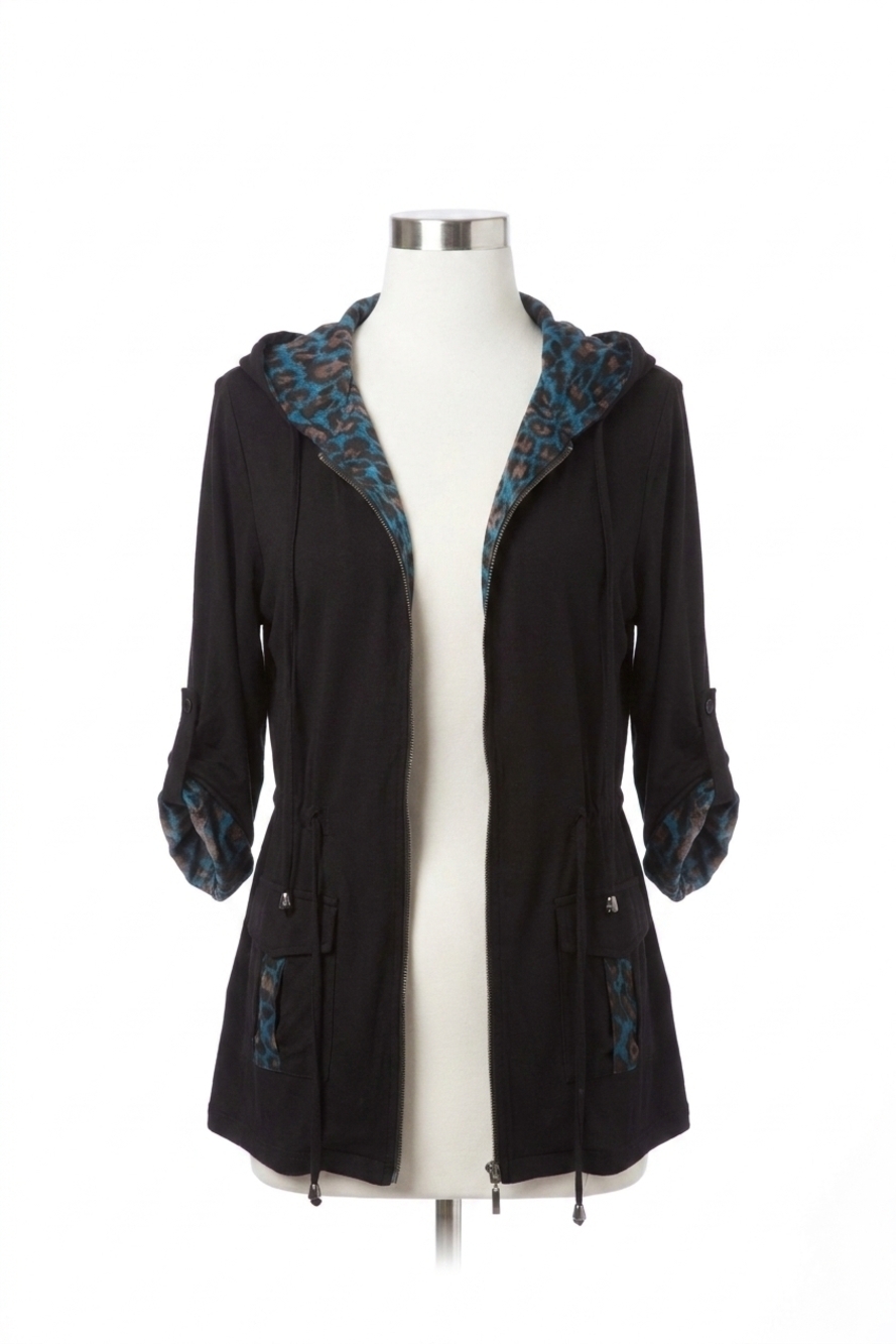 NEW ANGEL abstract hooded jacket in black/aqua